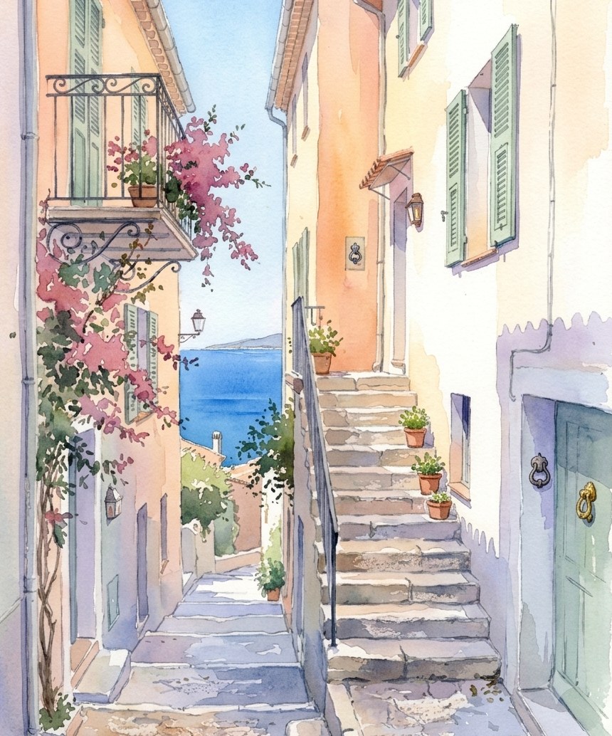 Ruelle de la Côte d'Azur, aquarelle